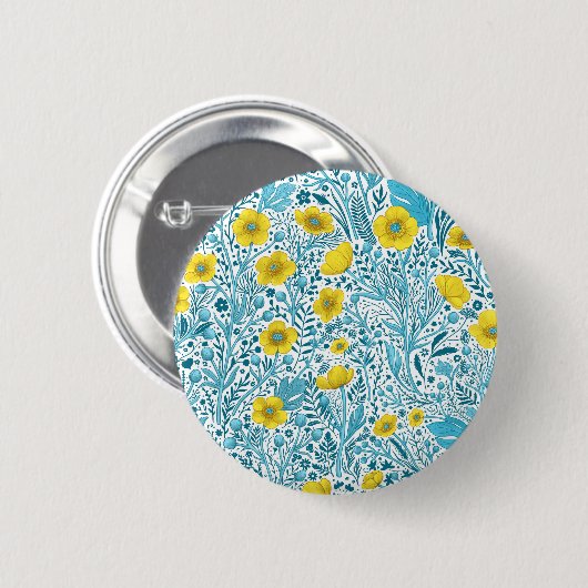 Buttercups, geel, blauw en wit ronde button 5,7 cm (Voorkant /achterkant)