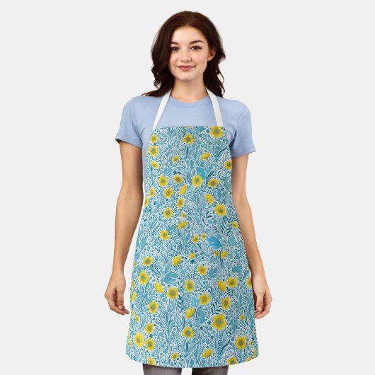Buttercups, geel, blauw en wit schort (Gedragen)