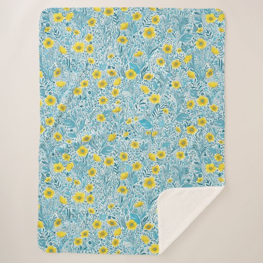 Buttercups, geel, blauw en wit sherpa deken (Voorkant)