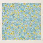 Buttercups, geel, blauw en wit sjaal<br><div class="desc">Handbeschilderd patroon met vossen en boterbloemen</div>