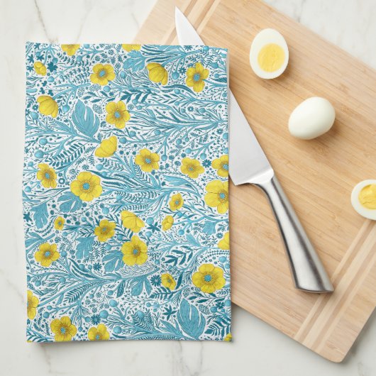 Buttercups, geel, blauw en wit theedoek (Quarter Fold)