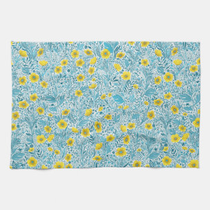 Buttercups, geel, blauw en wit theedoek