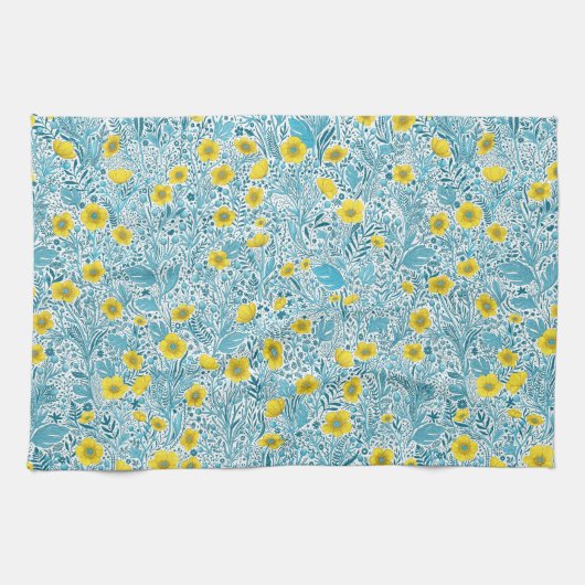 Buttercups, geel, blauw en wit theedoek (Horizontaal)