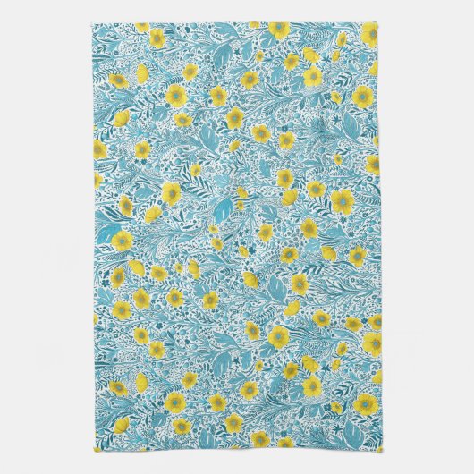 Buttercups, geel, blauw en wit theedoek (Verticaal)