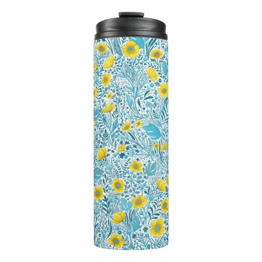 Buttercups, geel, blauw en wit thermosbeker (Voorkant)