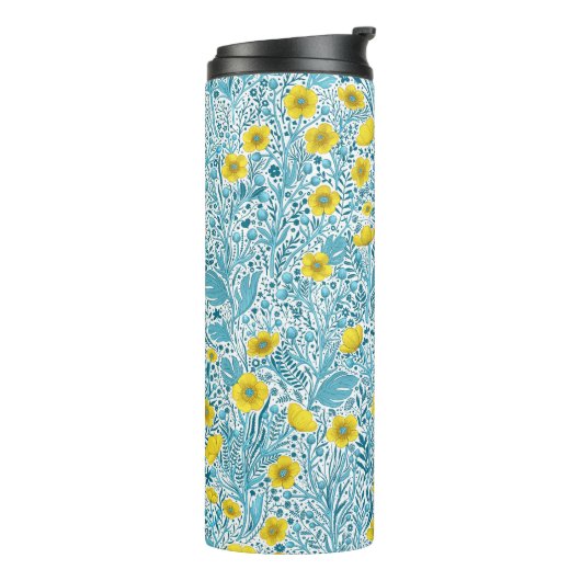 Buttercups, geel, blauw en wit thermosbeker (Gedraaid links)