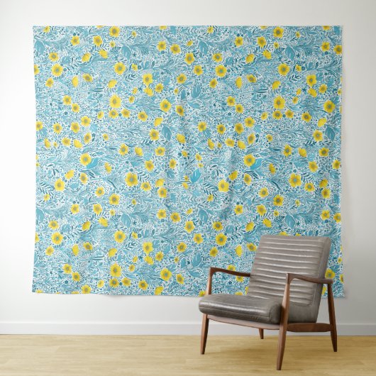 Buttercups, geel, blauw en wit wandkleed (In Situ (horizontaal))