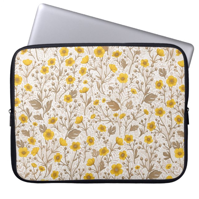 Buttercups, geel en bruin laptop sleeve (Voorkant)