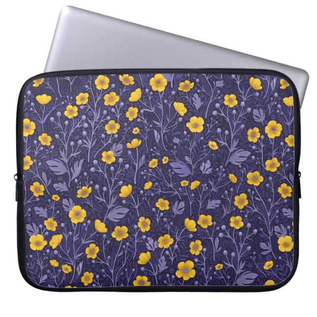 Buttercups, geel en violet laptop sleeve (Voorkant)