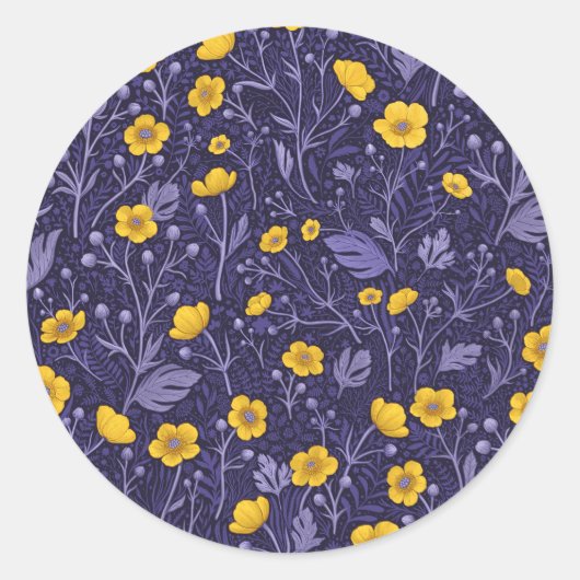 Buttercups, geel en violet ronde sticker (Voorkant)
