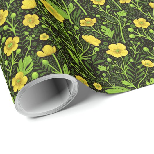 Buttercups op zwart cadeaupapier (Rol Hoek)