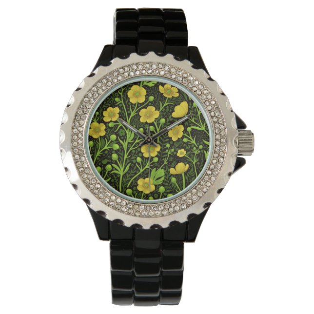 Buttercups op zwart horloge (Voorkant)