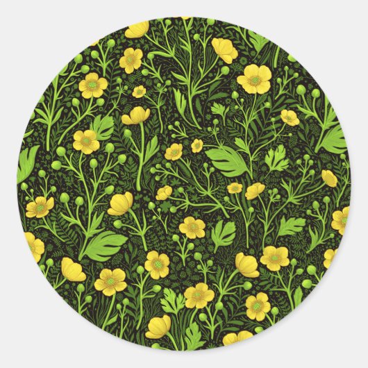 Buttercups op zwart ronde sticker (Voorkant)