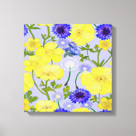 Buttercups, Paardebloem Puffballs Blauw Cornflower Canvas Afdruk