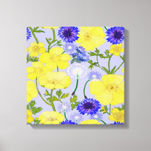 Buttercups, Paardebloem Puffballs Blauw Cornflower Canvas Afdruk (Voorkant)