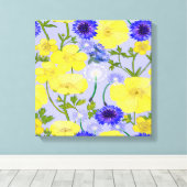 Buttercups, Paardebloem Puffballs Blauw Cornflower Canvas Afdruk (Insitu (Houten vloer))