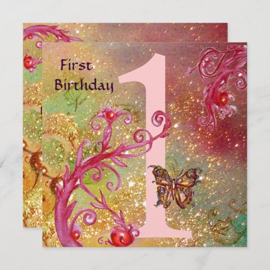 BUTTERFLES IN GOLD SPARKLES 2 Eerste verjaardag Kaart (Voorkant / Achterkant)