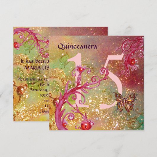 BUTTERFLES IN GOLD SPARKLES Quinceanera Birthday Kaart (Voorkant / Achterkant)