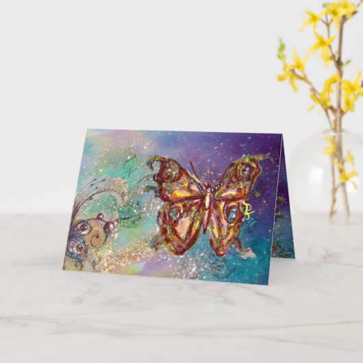 BUTTERFLES IN GOUD SPARKLES, Blue Green Blauwgroen Kaart (Gele Bloem)