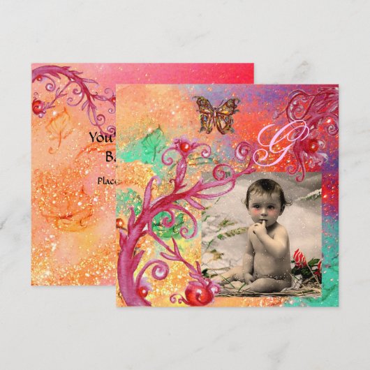 BUTTERFLES IN PINK, BABY GIRL SHOWER Photo Templat Kaart (Voorkant / Achterkant)