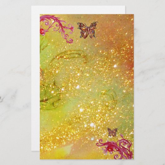 BUTTERFLES IN SPARKLES 2, geel rood Briefpapier (Voorkant / Achterkant)