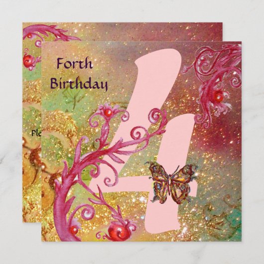 BUTTERFLES IN SPARKLES Forth Birthday Party, roze Kaart (Voorkant / Achterkant)