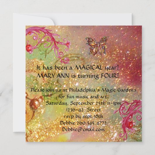 BUTTERFLES IN SPARKLES Forth Birthday Party, roze Kaart (Achterkant)