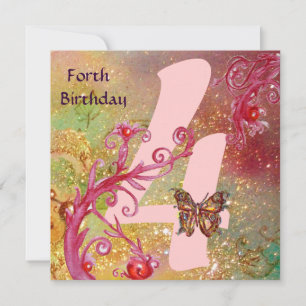 BUTTERFLES IN SPARKLES Forth Birthday Party, roze Kaart
