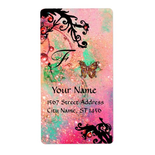 BUTTERFLES IN SPARKLES, roze groene zwarte zeugen Etiket (Voorkant)