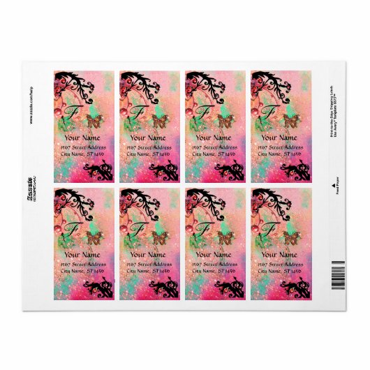 BUTTERFLES IN SPARKLES, roze groene zwarte zeugen Etiket (Full Sheet)