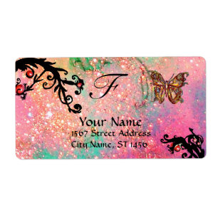 BUTTERFLES IN SPARKLES, roze groene zwarte zeugen Etiket