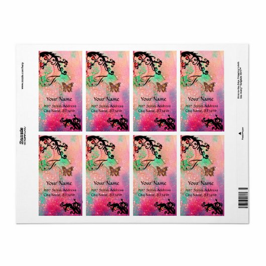 BUTTERFLES IN SPARKLES, roze groene zwarte zeugen Etiket (Full Sheet)