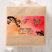 BUTTERFLES IN SPARKLES, roze rode zwarte zeugen Etiket (Insitu)