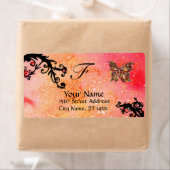 BUTTERFLES IN SPARKLES, roze rode zwarte zeugen Etiket (Insitu)