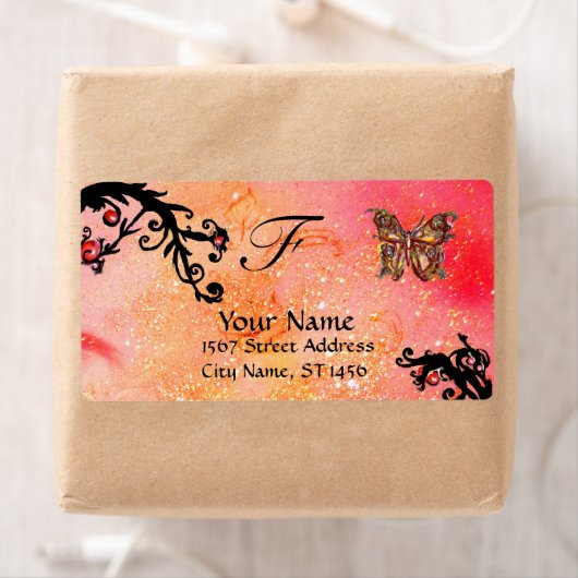 BUTTERFLES IN SPARKLES, roze rode zwarte zeugen Etiket (Insitu)