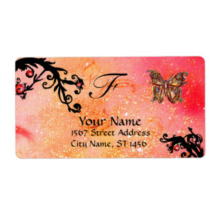 BUTTERFLES IN SPARKLES, roze rode zwarte zeugen Etiket