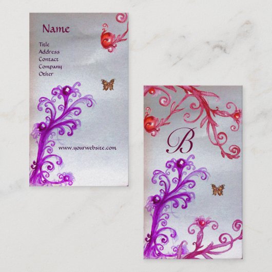 BUTTERFLES, MAGISCH RODE PAARSE ZWEEKMONOGRAM VISITEKAARTJE (Voorkant / Achterkant)
