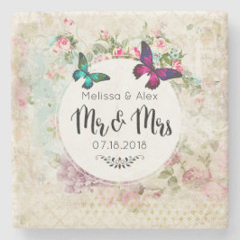 Butterflie op een Floral  Collage de heer en mevro Stenen Onderzetter