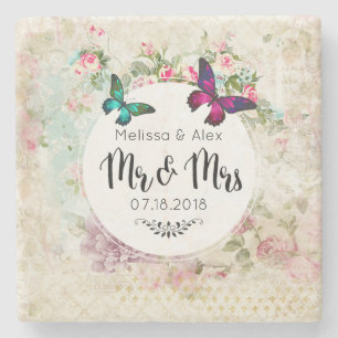 Butterflie op een Floral  Collage de heer en mevro Stenen Onderzetter