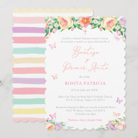 Butterflies 1st Birthday Baptism for Girl, Spaans Kaart (Voorkant / Achterkant)