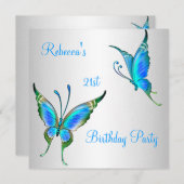 Butterflies 21st Birthday Party Blue White Kaart (Voorkant / Achterkant)