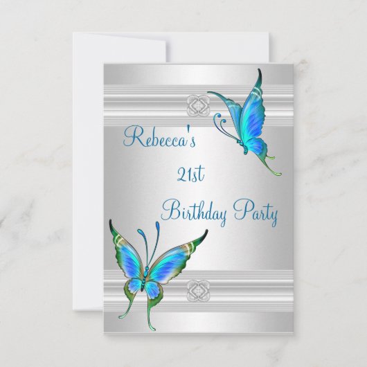 Butterflies 21st Birthday Party White Silver Blauw Kaart (Voorkant)