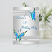 Butterflies 21st Birthday Party White Silver Blauw Kaart (Staand voorkant)
