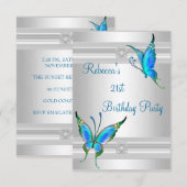 Butterflies 21st Birthday Party White Silver Blauw Kaart (Voorkant / Achterkant)