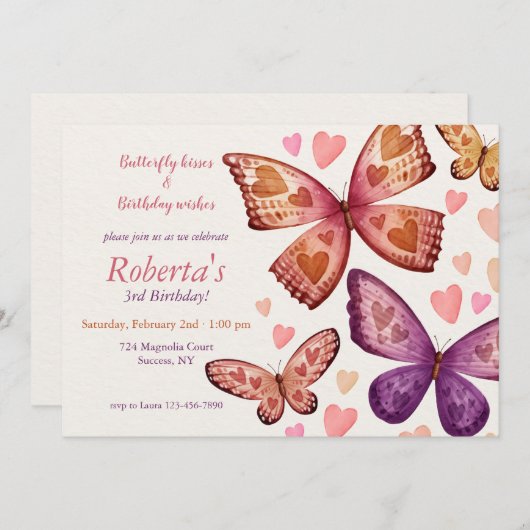 Butterflies and Love Birthday Party Invitation Kaart (Voorkant / Achterkant)