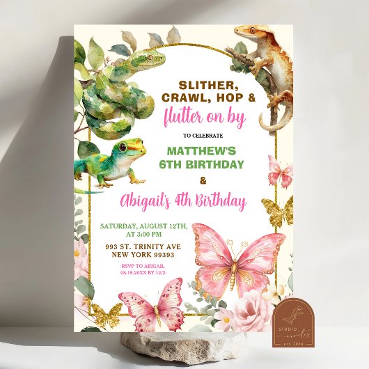 Butterflies and Reptiles Joint Sibling Birthday  Kaart