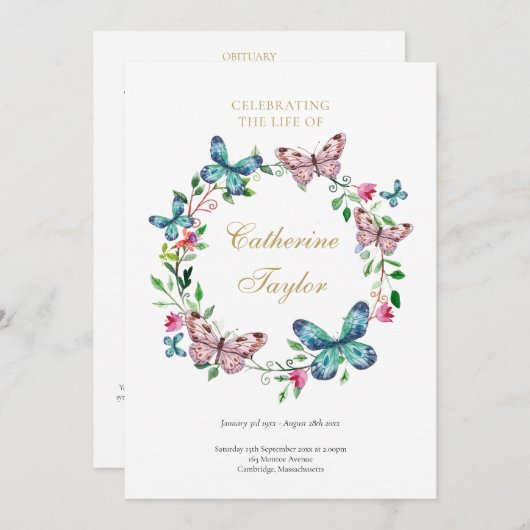 Butterflies begrafenis Orde van de Dienst Programm Kaart (Voorkant / Achterkant)