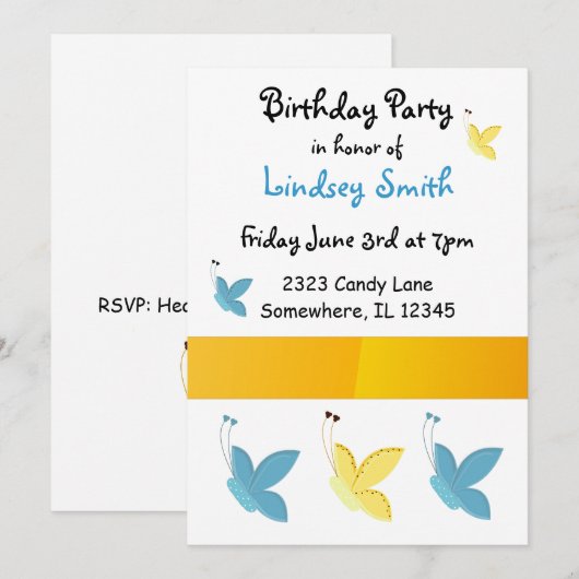 Butterflies Birthday Uitnodiging (Voorkant / Achterkant)