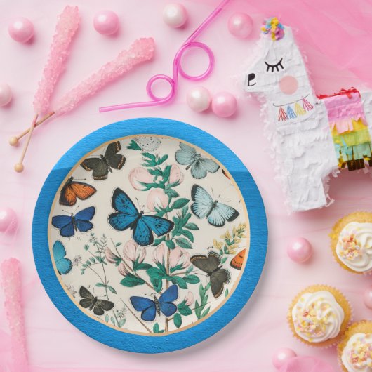Butterflies, blauw lijst papieren bordje (Feest)