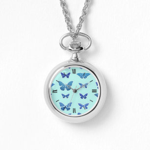 Butterflies, blauw, turkooizen achtergrond horloge